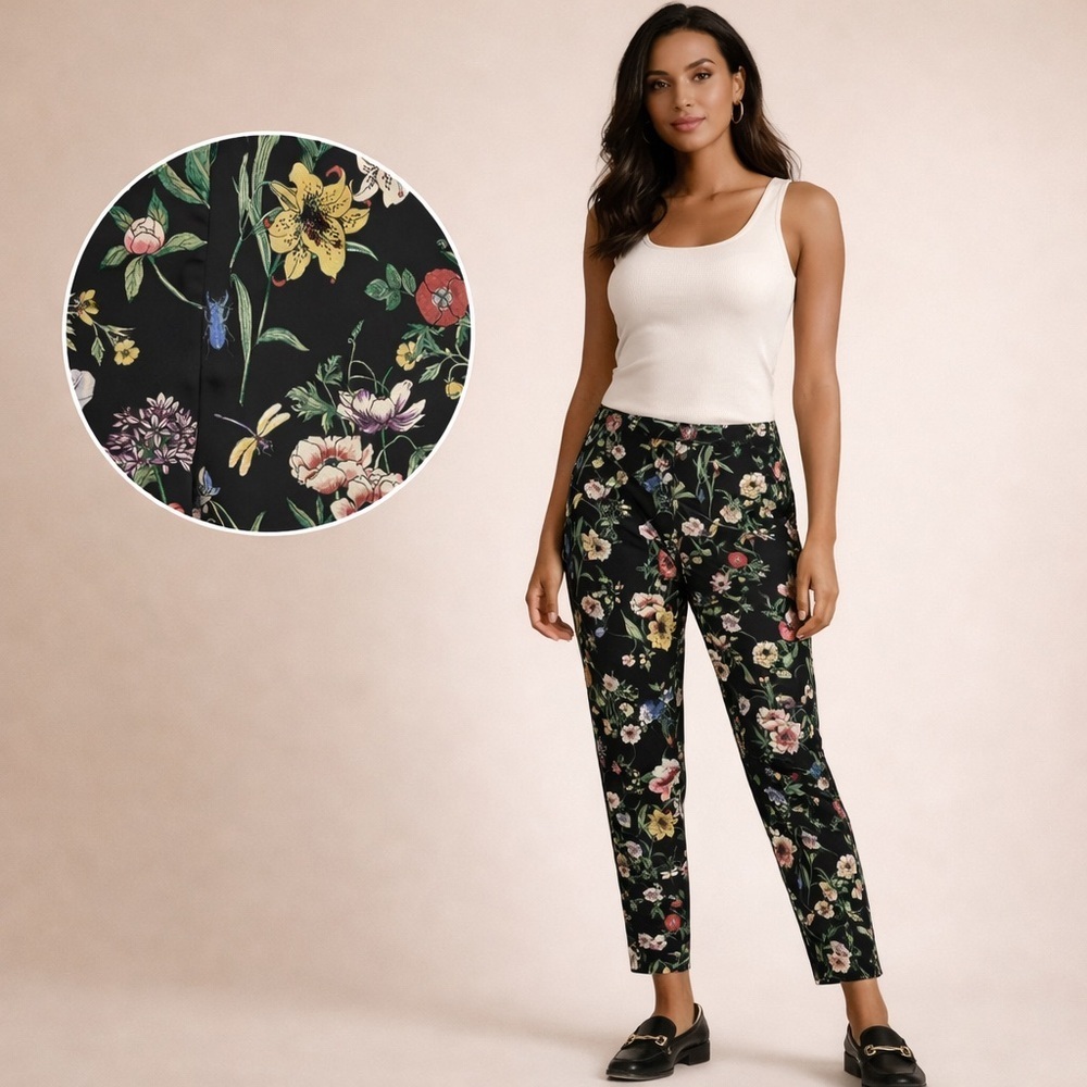 H&M Black Floral Pants Straight Leg Botanical Print Trendy Chic Size 10